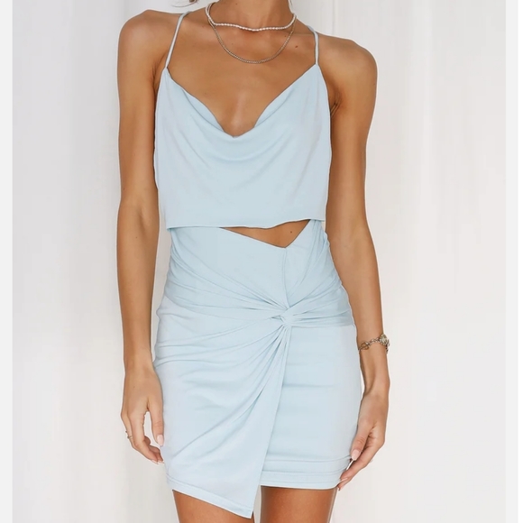 Hello Molly sky blue flowy fountains cut out front open back mini dress - Picture 6 of 15